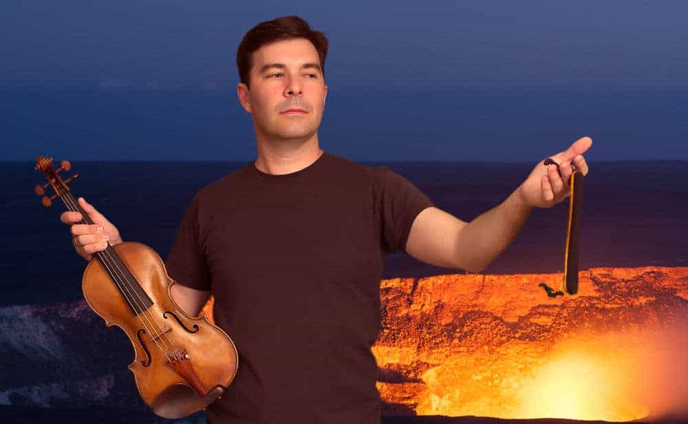 Nathan tosses his shoulder rest into the volcano