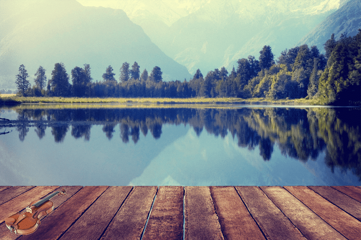 violin on lakeside dock